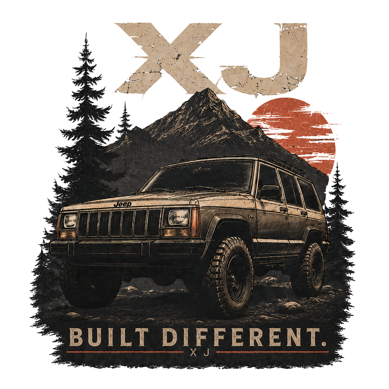 XJ Vintage Off-Road T-Shirt — 'Built Different' SUV Mountain Graphic