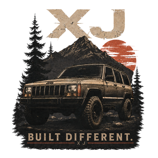 XJ Vintage Off-Road T-Shirt — 'Built Different' SUV Mountain Graphic